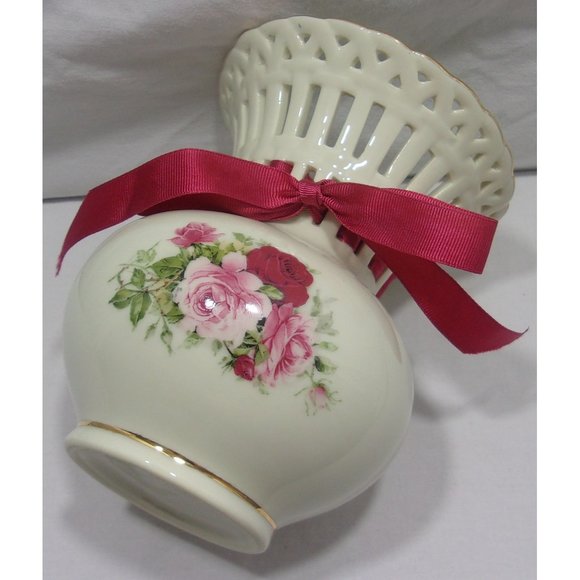 Formalities by Baum Bros Vase Victorian Roses w/ Interlaced Ribbon 6 1/2" - Picture 1 of 9